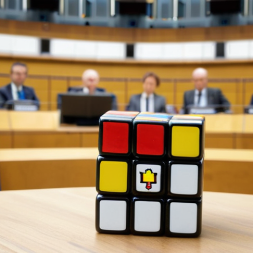 Home 11 **Image Prompt:** A Rubik's Cube with the Belgian flag colors, symbolizing the complex political structure of Belgium. In the background, a blurred image of the European Parliament in Brussels. The overall tone is intellectual and slightly whimsical.