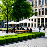 A group of diverse individuals, fully clothed in modest, casual yet stylish city attire, cycling and strolling leisurely through a vibrant, newly pedestrianized public square in Brussels. The square features newly planted trees, green planters, and modern street furniture. In the background, charming historic Brussels architecture blends with modern pedestrian-friendly design. The scene is bright, optimistic, and full of life, showcasing a sustainable urban environment. safe for work, appropriate content, fully clothed, family-friendly, perfect anatomy, correct proportions, natural pose, well-formed hands, proper finger count, natural body proportions, professional photography, high quality.