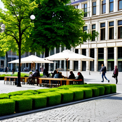 Home 6 A group of diverse individuals, fully clothed in modest, casual yet stylish city attire, cycling and strolling leisurely through a vibrant, newly pedestrianized public square in Brussels. The square features newly planted trees, green planters, and modern street furniture. In the background, charming historic Brussels architecture blends with modern pedestrian-friendly design. The scene is bright, optimistic, and full of life, showcasing a sustainable urban environment. safe for work, appropriate content, fully clothed, family-friendly, perfect anatomy, correct proportions, natural pose, well-formed hands, proper finger count, natural body proportions, professional photography, high quality.