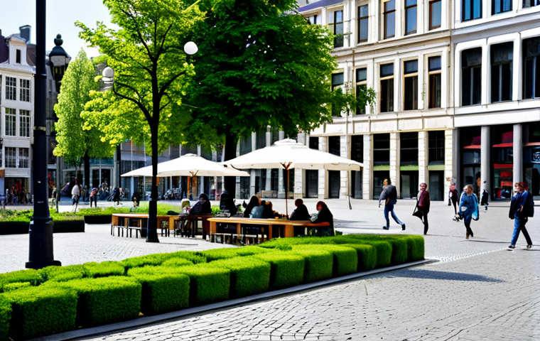A group of diverse individuals, fully clothed in modest, casual yet stylish city attire, cycling and strolling leisurely through a vibrant, newly pedestrianized public square in Brussels. The square features newly planted trees, green planters, and modern street furniture. In the background, charming historic Brussels architecture blends with modern pedestrian-friendly design. The scene is bright, optimistic, and full of life, showcasing a sustainable urban environment. safe for work, appropriate content, fully clothed, family-friendly, perfect anatomy, correct proportions, natural pose, well-formed hands, proper finger count, natural body proportions, professional photography, high quality.