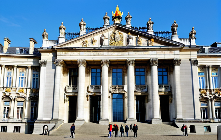 The Palace Façade**

"The Royal Palace of Brussels, viewed from the Parc de Bruxelles, showcasing its neoclassical architecture, soaring columns, and symmetrical design, fully clothed tourists strolling in the foreground, bright daylight, blue sky, safe for work, appropriate content, professional architecture photography, perfect anatomy, correct proportions, well-formed hands, proper finger count, natural body proportions, professional, modest, family-friendly"

**