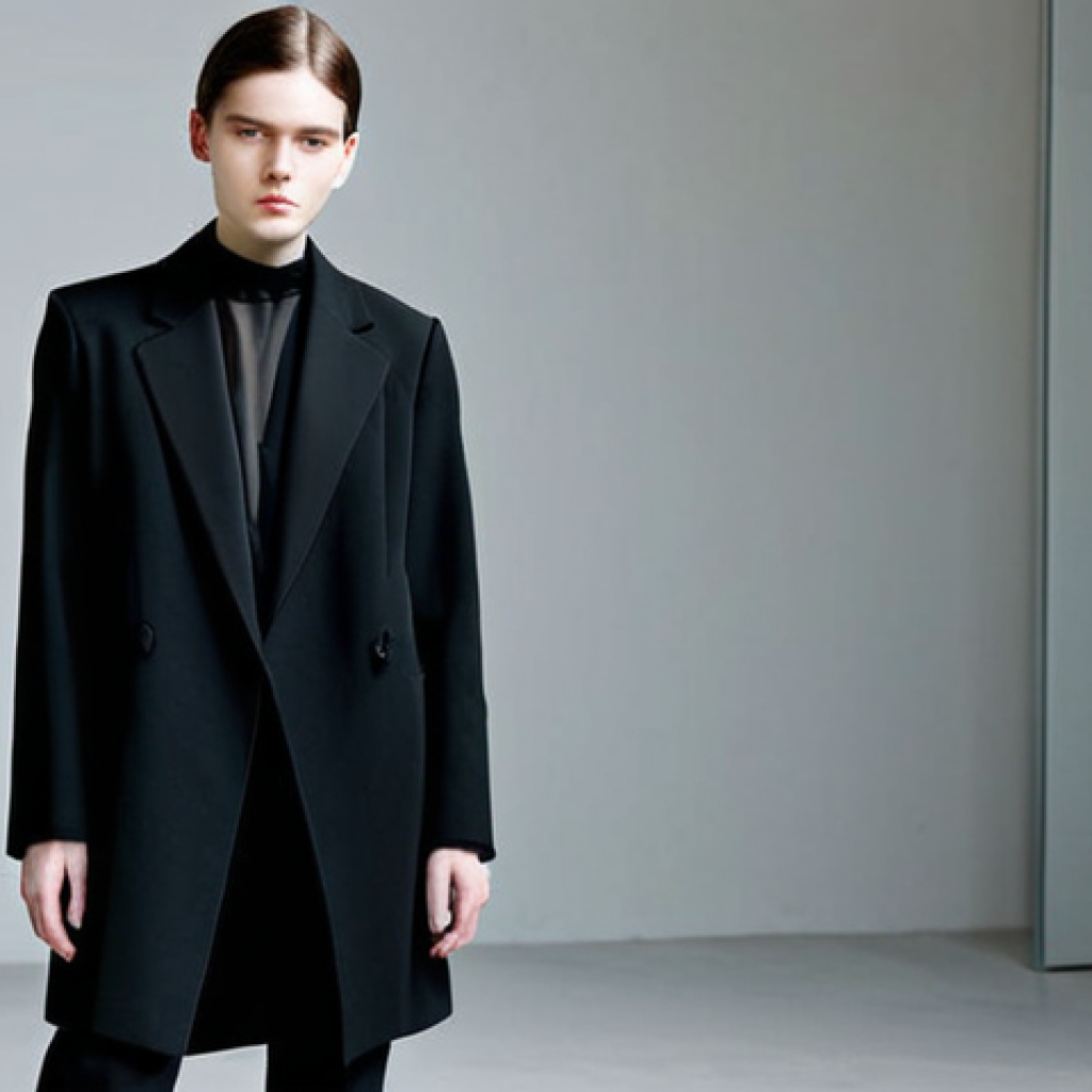 **

"A person with androgynous features, wearing a deconstructed, black tailored coat with raw edges and asymmetrical hemlines, layered over a sheer black silk top. The setting is a minimalist urban environment with soft, diffused lighting. Fully clothed, appropriate attire, safe for work, perfect anatomy, natural proportions, professional fashion photography, high quality, detailed textures, modern, modest."

**