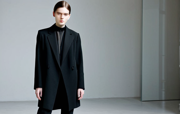 **

"A person with androgynous features, wearing a deconstructed, black tailored coat with raw edges and asymmetrical hemlines, layered over a sheer black silk top. The setting is a minimalist urban environment with soft, diffused lighting. Fully clothed, appropriate attire, safe for work, perfect anatomy, natural proportions, professional fashion photography, high quality, detailed textures, modern, modest."

**