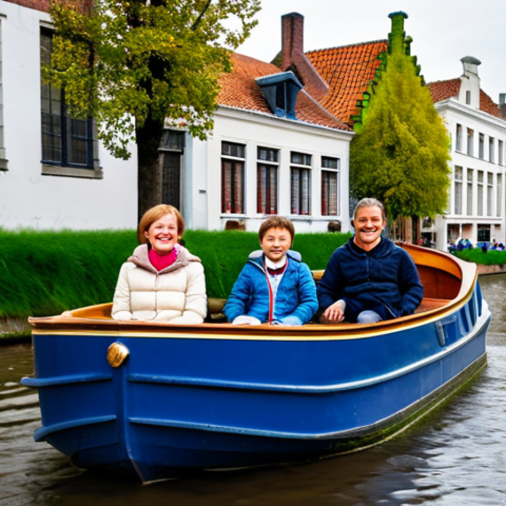 벨기에 가족여행 코스 - Bruges Canal Boat Tour**

"A family of four smiles happily from a small tour boat gliding along a ca...