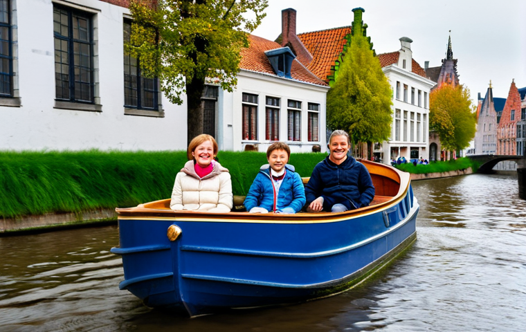 벨기에 가족여행 코스 - Bruges Canal Boat Tour**

"A family of four smiles happily from a small tour boat gliding along a ca...