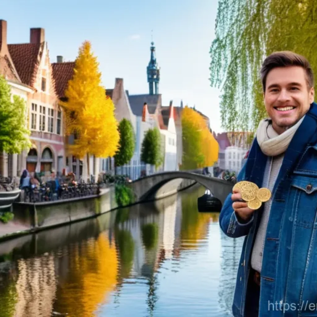 벨기에 화폐 단위 - **Prompt:** A cheerful traveler, dressed in stylish yet comfortable layers appropriate for European ...