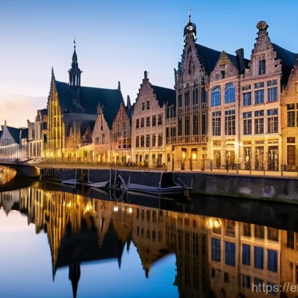 벨기에 야경 명소 - **Ghent's Golden Reflections on the Lys River**
    "A stunning evening view of Ghent's historic Gra...