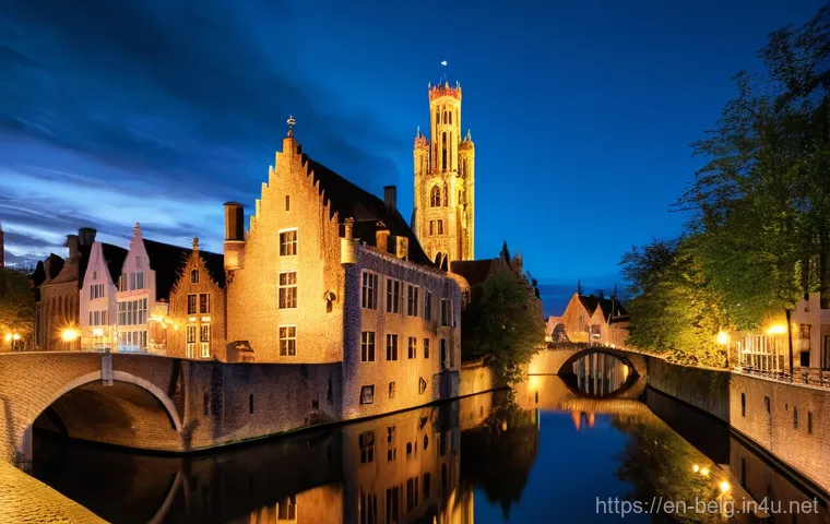 벨기에 야경 명소 - **Ghent's Golden Reflections on the Lys River**
    "A stunning evening view of Ghent's historic Gra...
