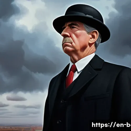 르네 마그리트 - A hyper-realistic painting of a man wearing a classic black bowler hat and a dark suit, his face com...