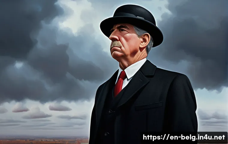 르네 마그리트 - A hyper-realistic painting of a man wearing a classic black bowler hat and a dark suit, his face com...