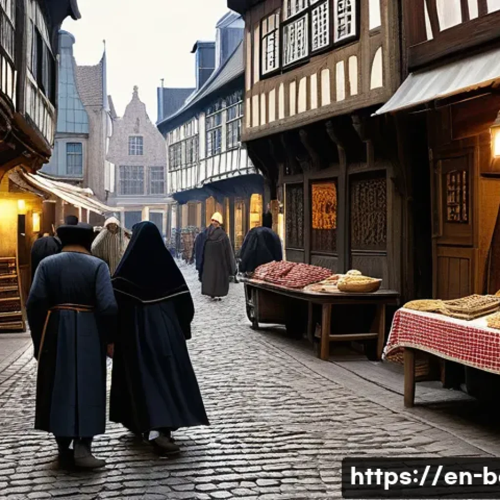 벨기에 유대인 역사 - A detailed medieval city street scene in Antwerp during the 14th century, showing a small Jewish com...