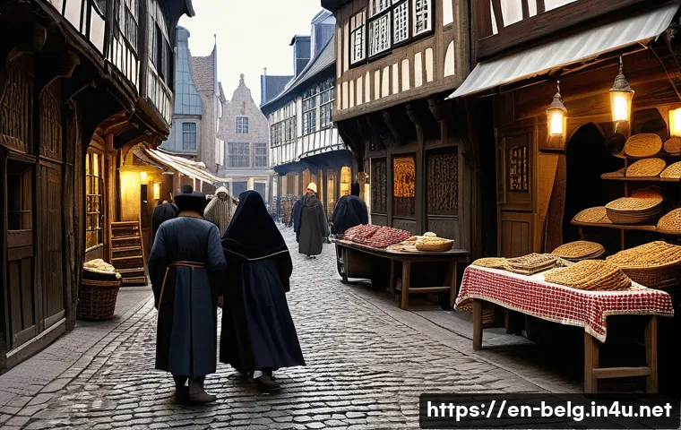벨기에 유대인 역사 - A detailed medieval city street scene in Antwerp during the 14th century, showing a small Jewish com...