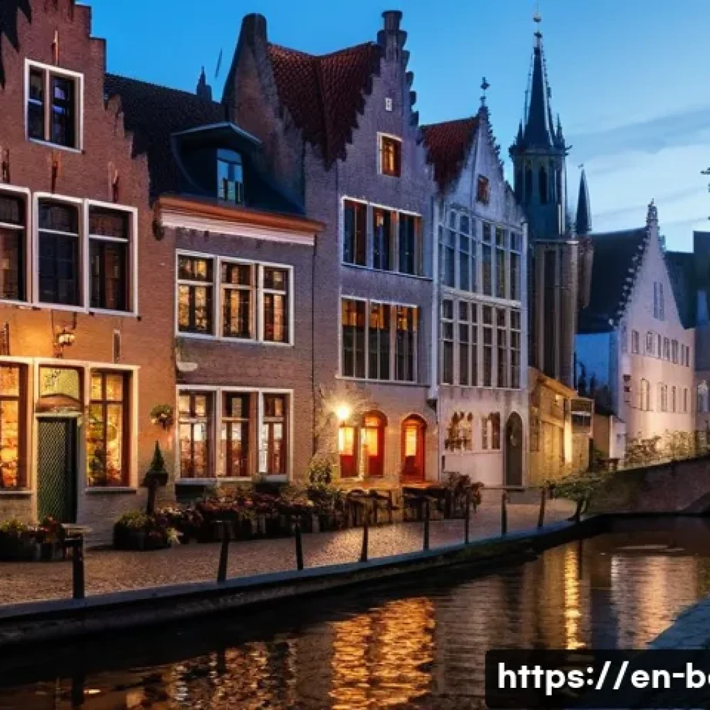 벨기에 신혼여행지 - A romantic twilight scene in Bruges featuring a young couple strolling hand in hand along cobbleston...