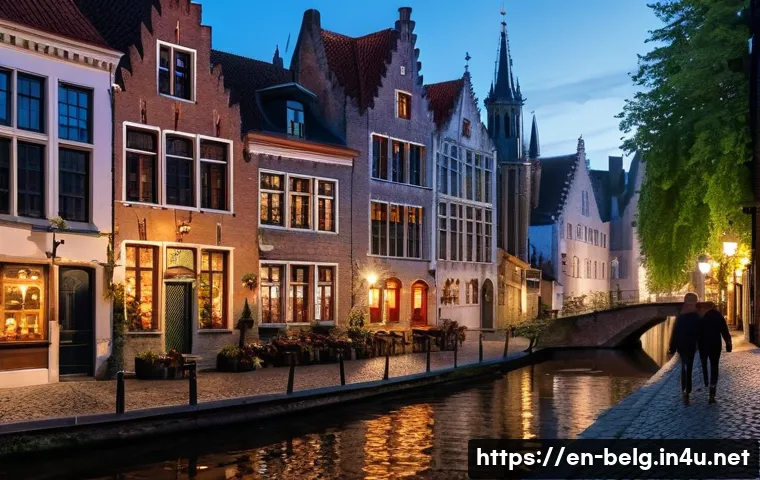 벨기에 신혼여행지 - A romantic twilight scene in Bruges featuring a young couple strolling hand in hand along cobbleston...