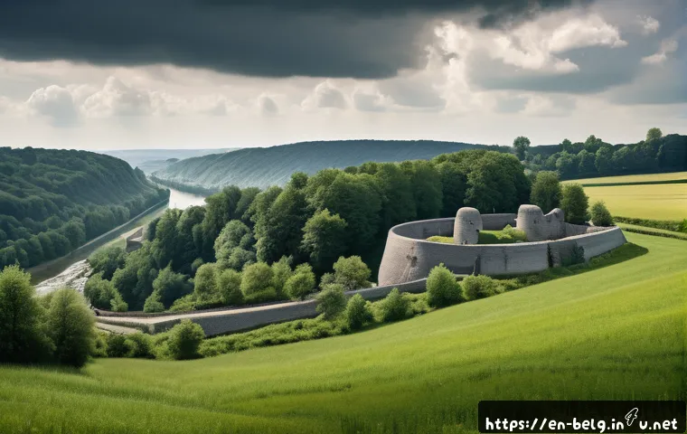 벨기에 세계대전 영향 - A detailed, panoramic historical scene depicting Belgium’s fortified border defenses around Liège an...