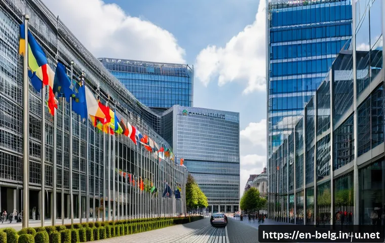 벨기에 유럽연합 관계 - A panoramic view of Brussels city center during a bright day, showcasing the iconic European Commiss...