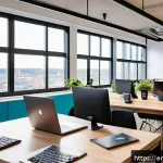 Home 20 벨기에 비즈니스 창업 - A modern co-working space in Brussels filled with diverse entrepreneurs collaborating around sleek d...