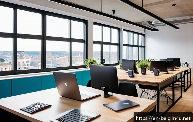 벨기에 비즈니스 창업 - A modern co-working space in Brussels filled with diverse entrepreneurs collaborating around sleek d...