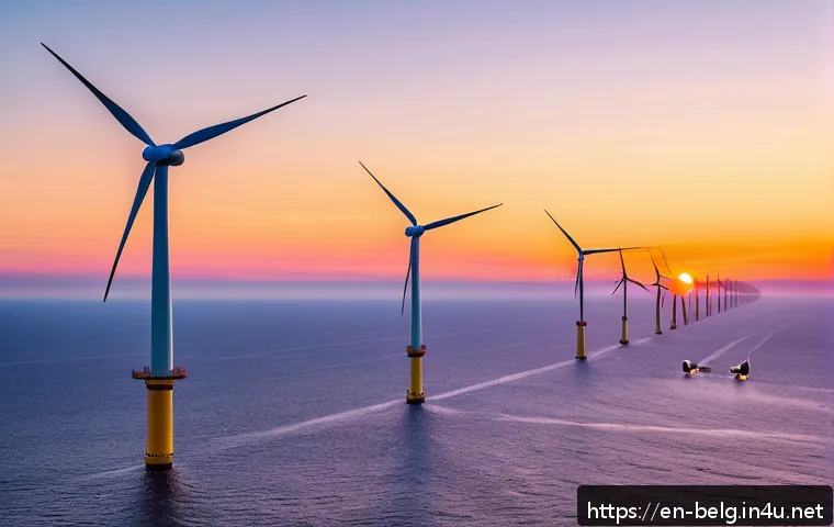 벨기에 재생 에너지 산업 - A panoramic view of Belgium&rsquo;s North Sea offshore wind farm at sunset, featuring towering state-of-th...