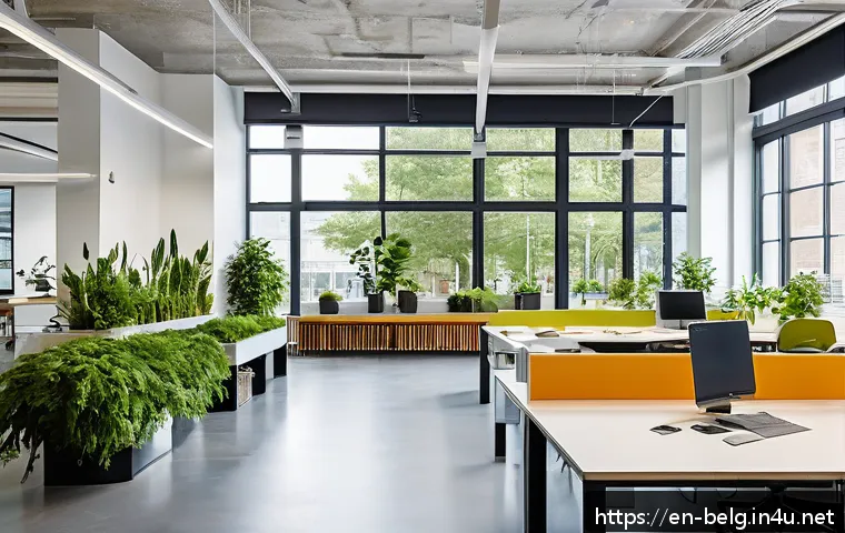 벨기에 노동 환경 - A modern Belgian office space bathed in natural light with ergonomic furniture, featuring open-plan ...