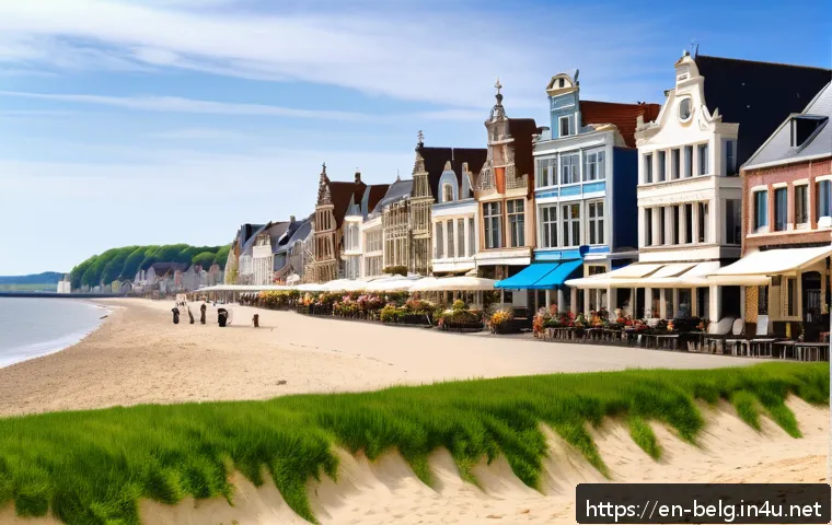 벨기에 해안 지역 - A serene coastal village scene in Belgium during a sunny late spring afternoon, featuring wide sandy...
