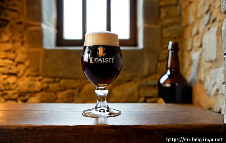 트라피스트 맥주 - Photorealistic still life of an authentic Belgian-style Trappist ale experience, an unbranded dark a...