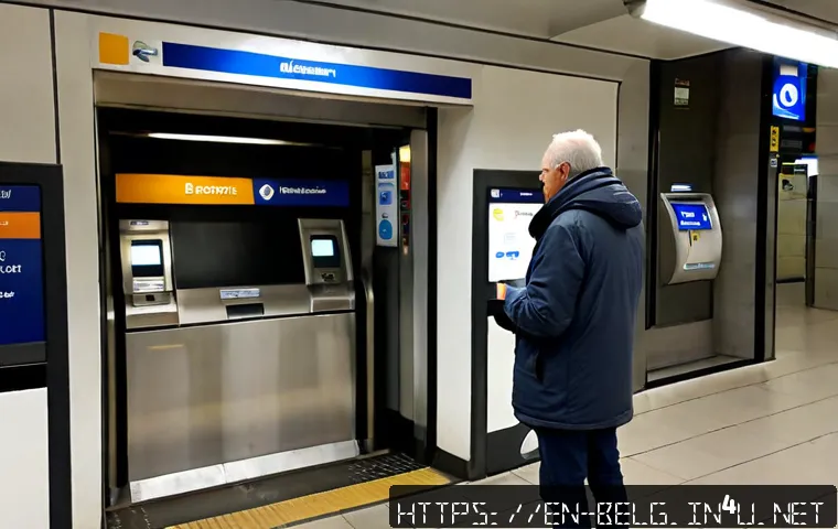 벨기에 지하철 이용법 - Photorealistic Brussels metro station entrance during a bright overcast morning, a middle-aged trave...