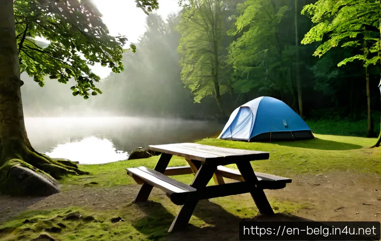 Home 17 벨기에 캠핑 명소 - Photorealistic camping scene in the Belgian Ardennes, a neat family tent beside a calm forest river,...