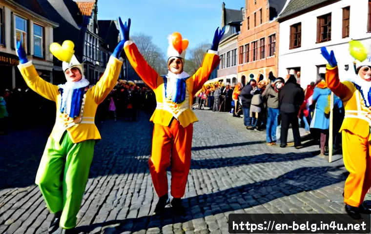 벨기에 전통 축제 - Photorealistic Belgian traditional carnival parade in a historic cobblestone town square, cheerful a...